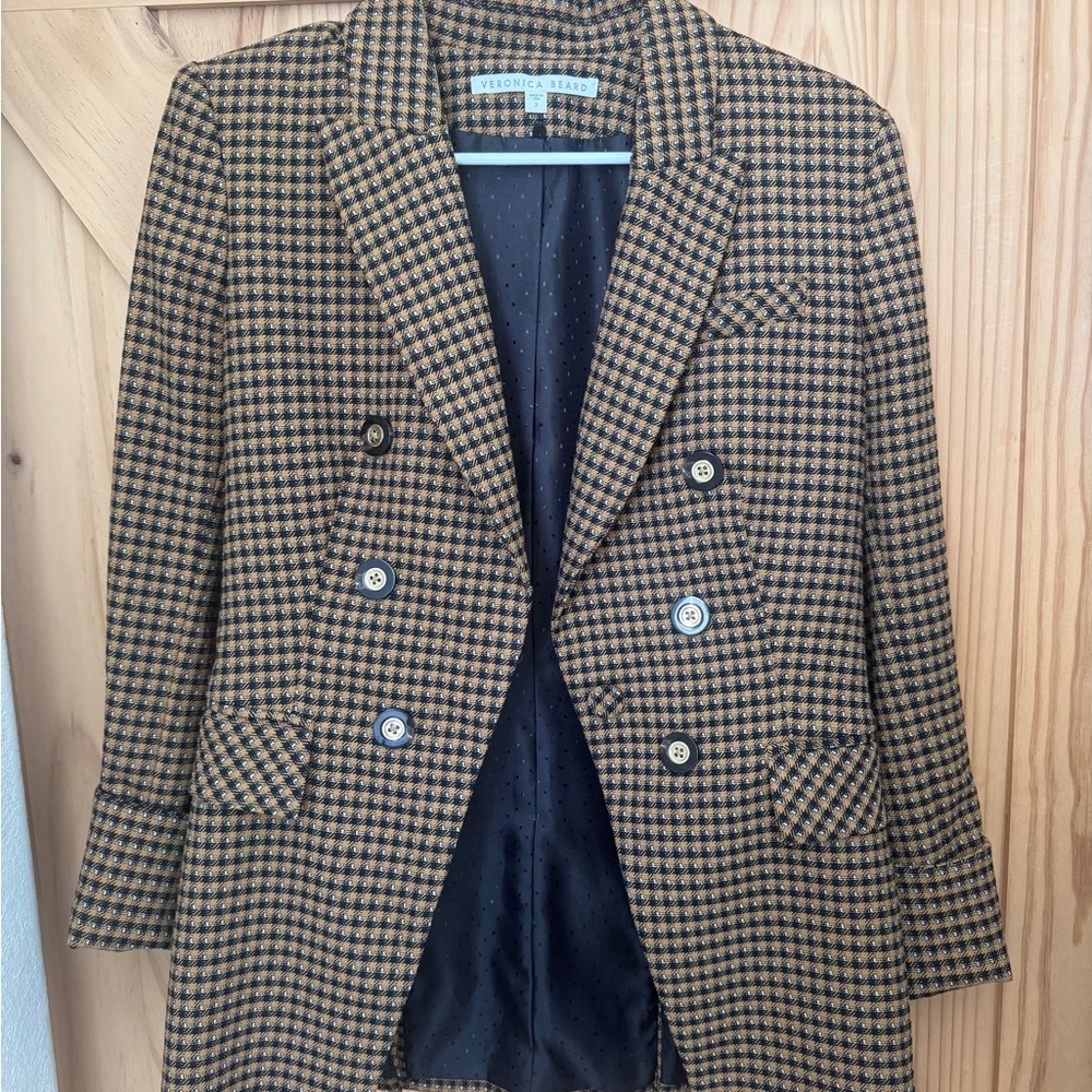 Veronica Beard Fortuna Dickey Houndstooth Double Breasted Blazer Brown Size 2